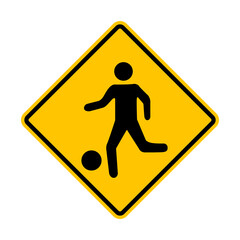 Sign children with ball. Careful, watch children playing with the ball. Warning road sign children playing with ball. Diamond road sign. Rhombus road sign. Warning yellow road sign.