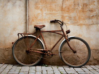 An old, rusty bicycle leaning against a wall.