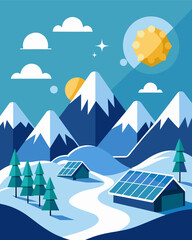The serene silence of a snowcovered landscape disrupted only by the subtle hum of solar panels at work.. Vector illustration