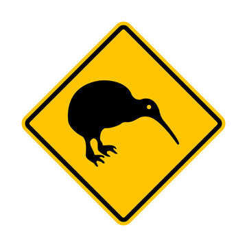 recommend clip art: Kiwi road sign. Kiwi habitat. Be careful not to hit the kiwi bird. New Zealand bird species. Diamond road sign. Rhombus road sign. Warning yellow road sign.