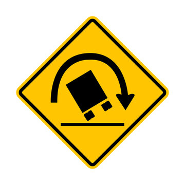 Car rollover sign. Risk rollover on sharp turns, sharp inclines or slopes, and areas with poor road surfaces. Diamond road sign. Rhombus road sign. Warning road sign.