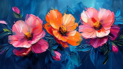 An abstract oil painting of orchids, bold and vibrant colors with exaggerated brush strokes, capturing the essence and beauty of the flowers.