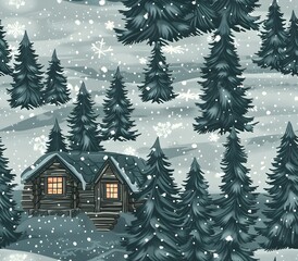 Obraz premium Serene Snowy Forest Cabin with Cozy Glowing Firelight and Drifting Snowflakes