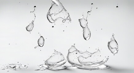 Water droplets frozen in mid-air, splash patterns against white background, intricate patterns and textures of water in motion. 3d render