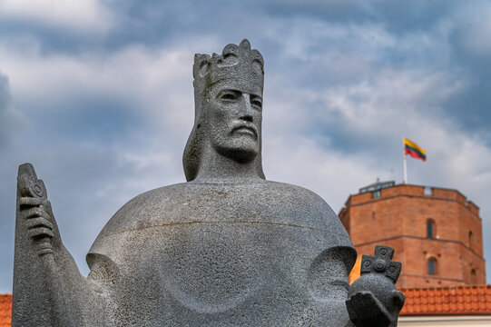 Bronze monument to Grand Duke Gediminas on the Cathedral Square in the old town of Vilnius, Lithuania.