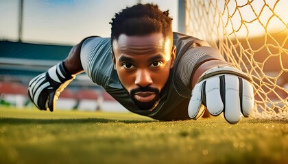 Close-up of a football goalkeeper making a diving save. Soccer. Stadium. Man.
