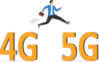 Group of users go from technology 4g to high-speed 5g. A new generation of networks with fast internet. Wireless communication at high speeds. People uses smart gadgets. Flat vector illustration


