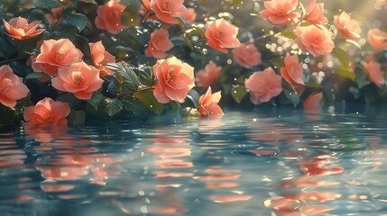 An oil painting of a begonia garden by a tranquil pond, begonias reflected in the water, soft ripples creating a dreamy effect.