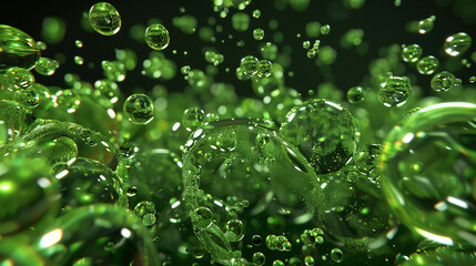 Green bubbles floating in liquid, creating an energetic scene.