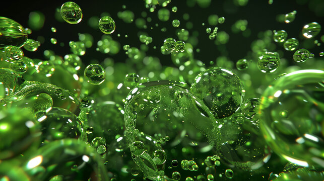 Green bubbles floating in liquid, creating an energetic scene.