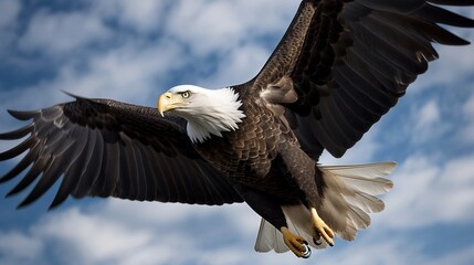 Fototapeta premium US Independence Day July 4th, a soaring bald eagle against a daytime cloudy sky. AI generated.