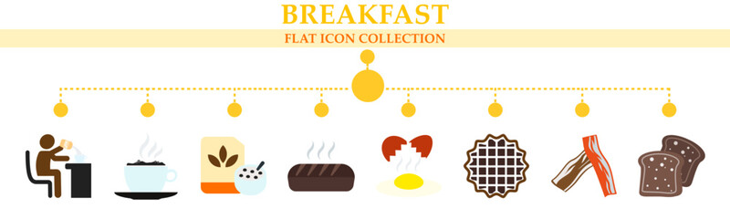 Breakfast flat banner web icons collection. Vector illustration concept including icon of breakfast, coffee, cereals, bread, fried egg, waffle, bacon and toast