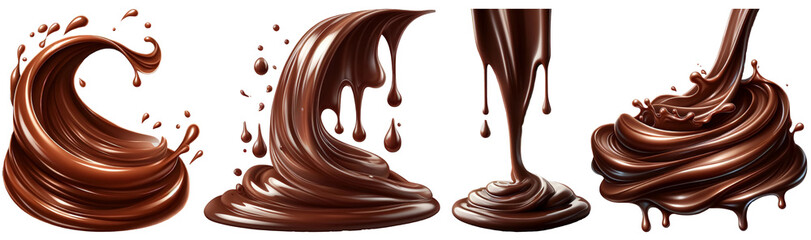 Close-up view rich, glossy liquid chocolate pouring down forming smooth, luscious swirl bottom