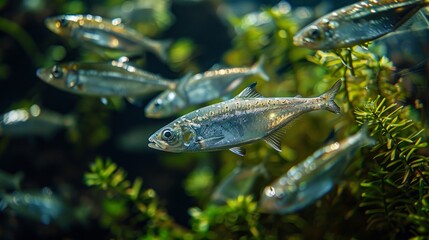 A school of silver shimmery fish swimming in the water against a black background with green plants, in the style of high definition photography. 