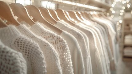 Fototapeta premium Row white knit sweaters hangs wooden hangers bright, softly lit store, fashion, winter clothing