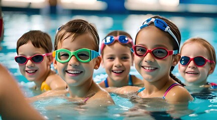 Happy Children in Indoor Pool Class. Swimming Lessons