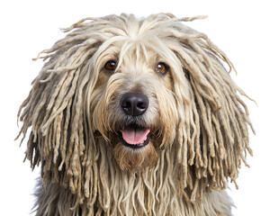 A playful Bergamasco with a characteristic long, wiry coat. His happy expression and unique coat resemble dreadlocks, highlighting his cheerful and protective nature.