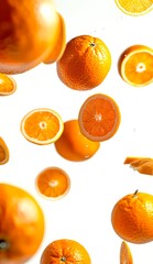 Fresh oranges and orange slices floating on a white background. Vibrant and colorful fruit imagery for food and drink concepts. Perfect for summer themes or healthy eating promotions. AI