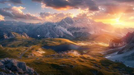 An empty winding road high in the Italian Alps, a lake in a gorge, sky illuminated by the sun's rays at sunset, incredible nature, bright saturated colors