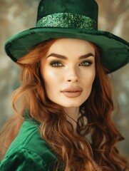Fototapeta premium Charming woman with an exciting look, beautiful hair in a festive St. Patrick's Day costume and hat