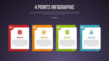 4 points or step process infographic with creativve square box on horizontal direction with modern dark style for slide presentation