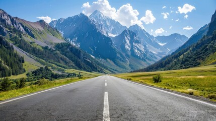 Empty highway between mountain peaks, clear sunny day, incredible nature, bright saturated colors