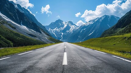Naklejka premium Empty highway between mountain peaks, clear sunny day, incredible nature, bright saturated colors