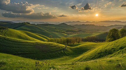Spring Sunset over Rolling Hills and Ridges
