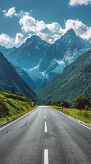 Empty highway between mountain peaks, clear sunny day, incredible nature, bright saturated colors