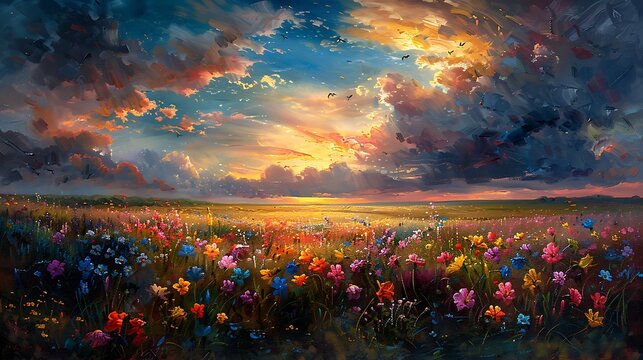 An oil painting of a freesia field under a dramatic sky, storm clouds rolling in, vibrant freesias contrasting with the dark sky.