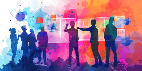 A group of five people stand in front of a colorful wall with abstract designs, brainstorming ideas