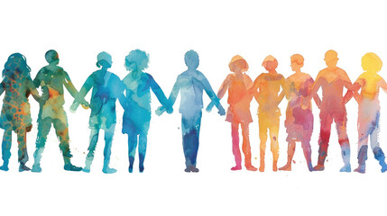 Obraz premium A watercolor illustration of a diverse group of people, both male and female, holding hands and standing in a line. The illustration is colorful and abstract