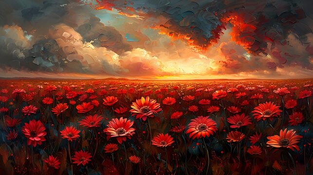 An oil painting of a Gerbera daisy field under a dramatic sky, storm clouds rolling in, vibrant daisies contrasting with the dark sky.