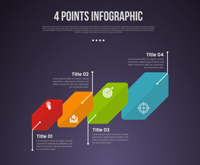 4 points or step process infographic with creative long hexagon with line description information with modern dark style for slide presentation