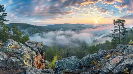 Summer mountain sunrise with clouds and foggy green trees a stunning view of rocky landscape with forest and sky