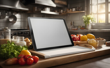 White blank screen of a tablet on a kitchen counter, with cooking ingredients around, bright natural lighting