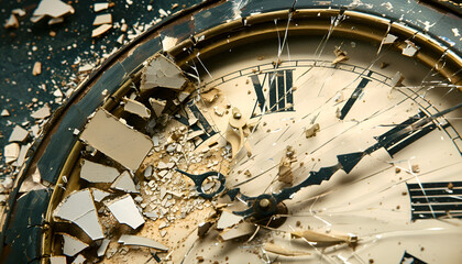 Fototapeta premium Shattered vintage clock depicting time destruction
