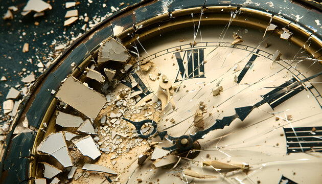 Shattered vintage clock depicting time destruction
