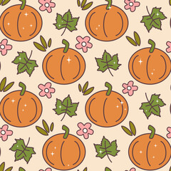 Cute hand drawn autumn fall season seamless vector pattern background illustration with pumpkins, daisy flowers and leaves	