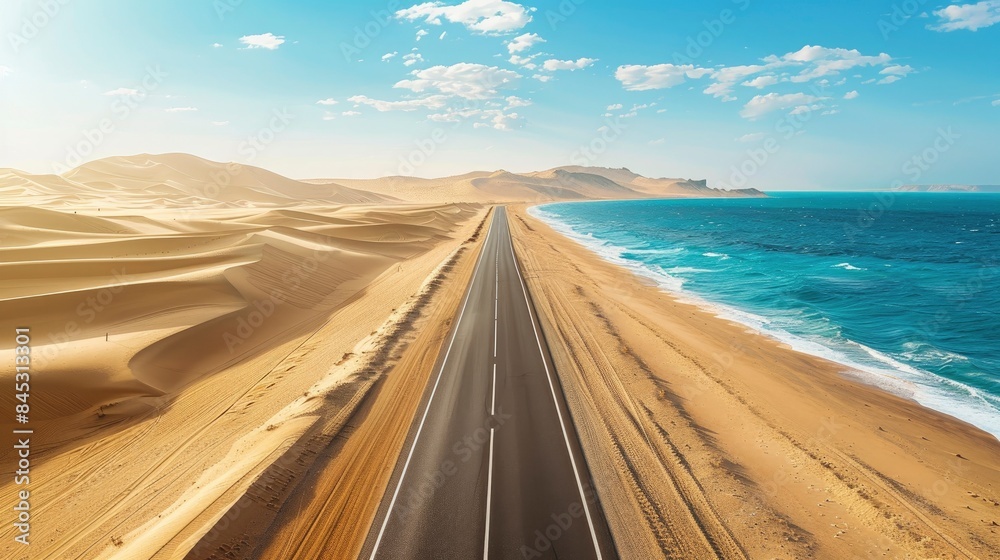 Canvas Prints Empty highway, huge desert sand dunes on one side of the road and sea coast on the other, blue water, clear sunny day, bright rays, incredible nature