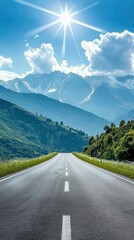 Fototapeta premium Empty highway in the middle of blooming hills, steep mountain peaks in the background, clear sunny day, bright rays, incredible nature, rich colors