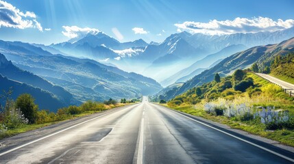 Naklejka premium Empty highway in the middle of blooming hills, steep mountain peaks in the background, clear sunny day, bright rays, incredible nature, rich colors