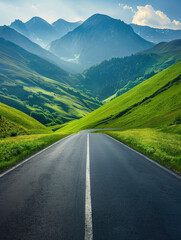 Fototapeta premium Empty highway in the middle of blooming hills, steep mountain peaks in the background, clear sunny day, bright rays, incredible nature, rich colors