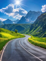 Naklejka premium Empty highway in the middle of blooming meadows, steep mountain peaks in the background, clear sunny day, bright rays, incredible nature