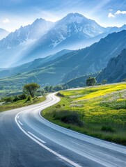 Naklejka premium Empty highway in the middle of blooming meadows, steep mountain peaks in the background, clear sunny day, bright rays, incredible nature