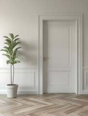 A serene room with herringbone floor, featuring a potted plant by a plain wall adjacent to a closed white door, 3d render. 