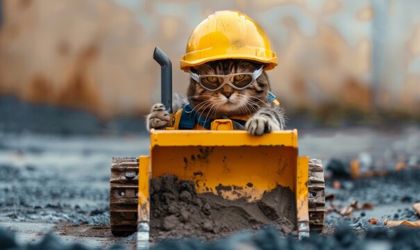 cat with safety gear driving toy bulldozer
