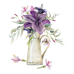 Hand drawn watercolor illustration botanical flowers leaves. Lily clivia amaryllis, pink lobelia jasmine, willow eucalyptus branch. Bouquet in jug isolated on white background. Wedding, love cards