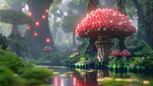 Fantasy Pixel Art Forest with Giant Mushrooms with Ai generated.
