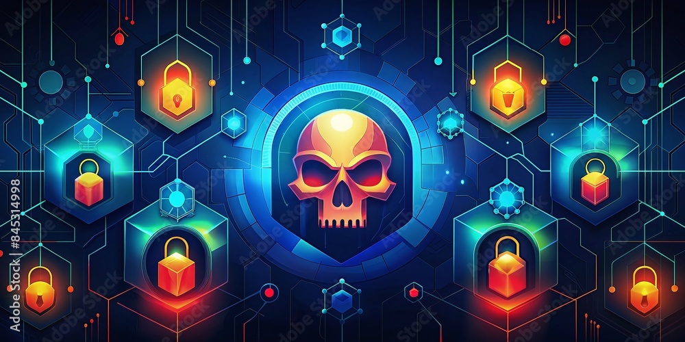 Wall mural Network security illustration with a skull and the guarding network on the internet
